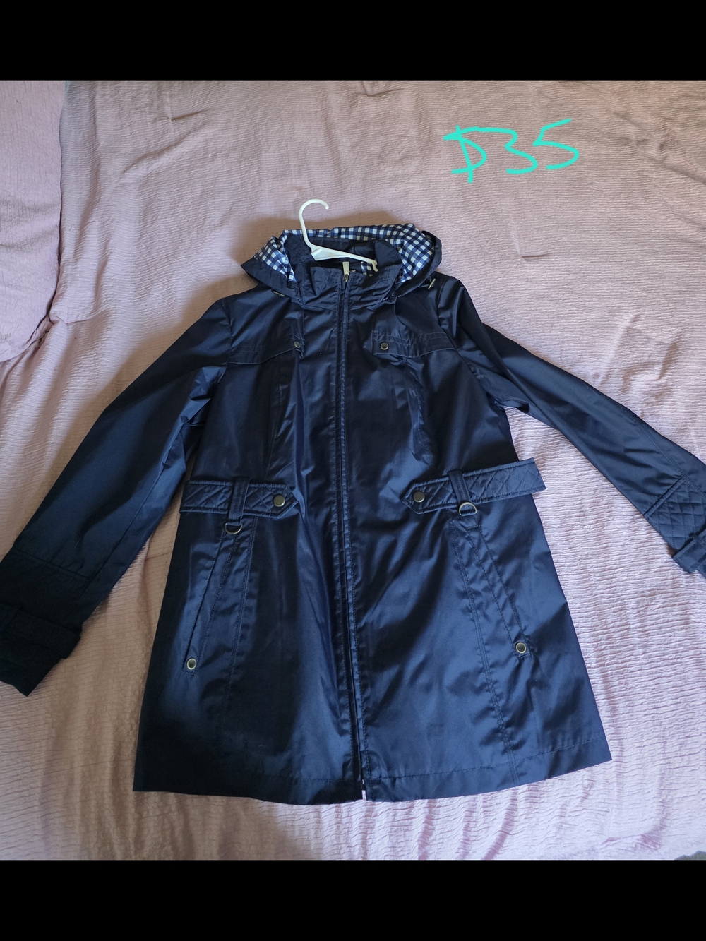 Liz Claiborne Navy Coat with Gingham Trim